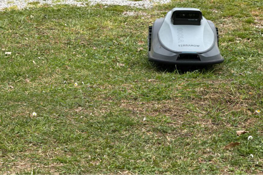  TerraMow V1000 Mähroboter auf geordneten Bahnen mit gleichmäßig geschnittenem Rasen